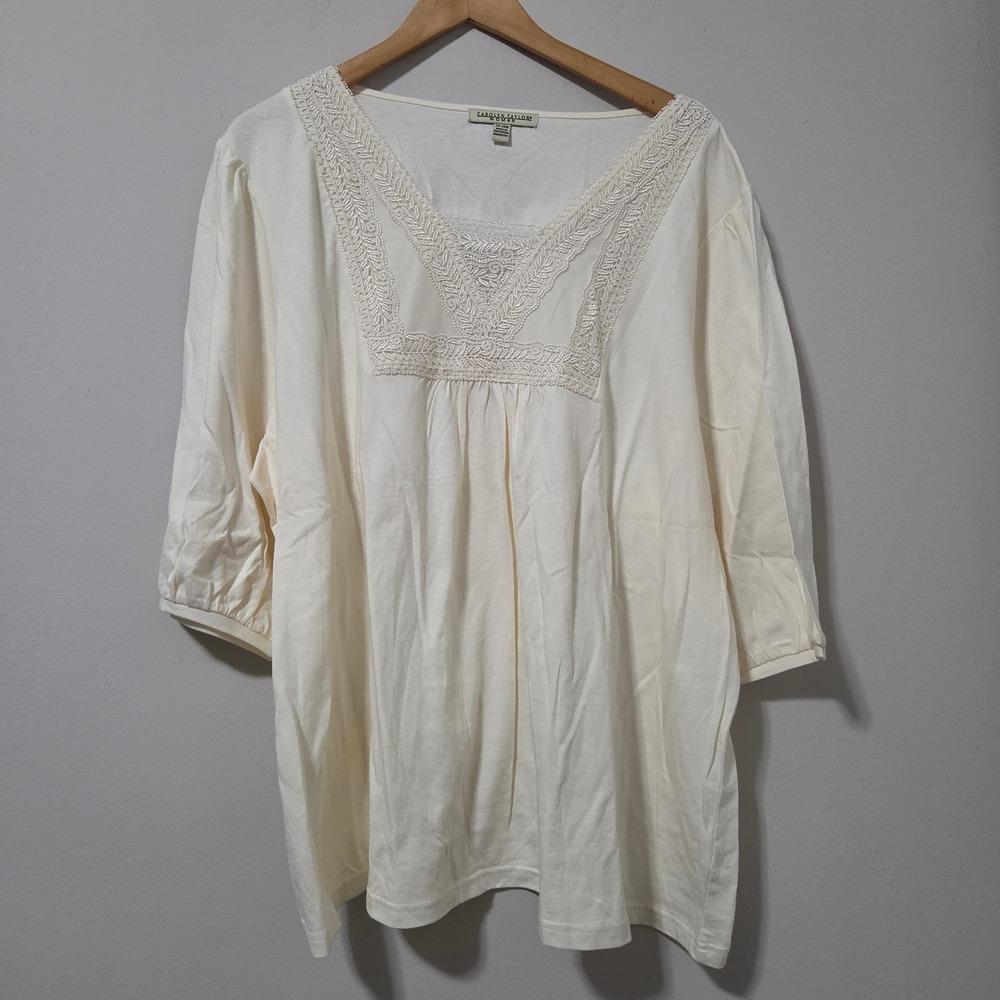 Carolyn‎ Taylor Woman Cream Lace V-Neck 3/4 Sleeve Cotton Peasant Top 24-26W